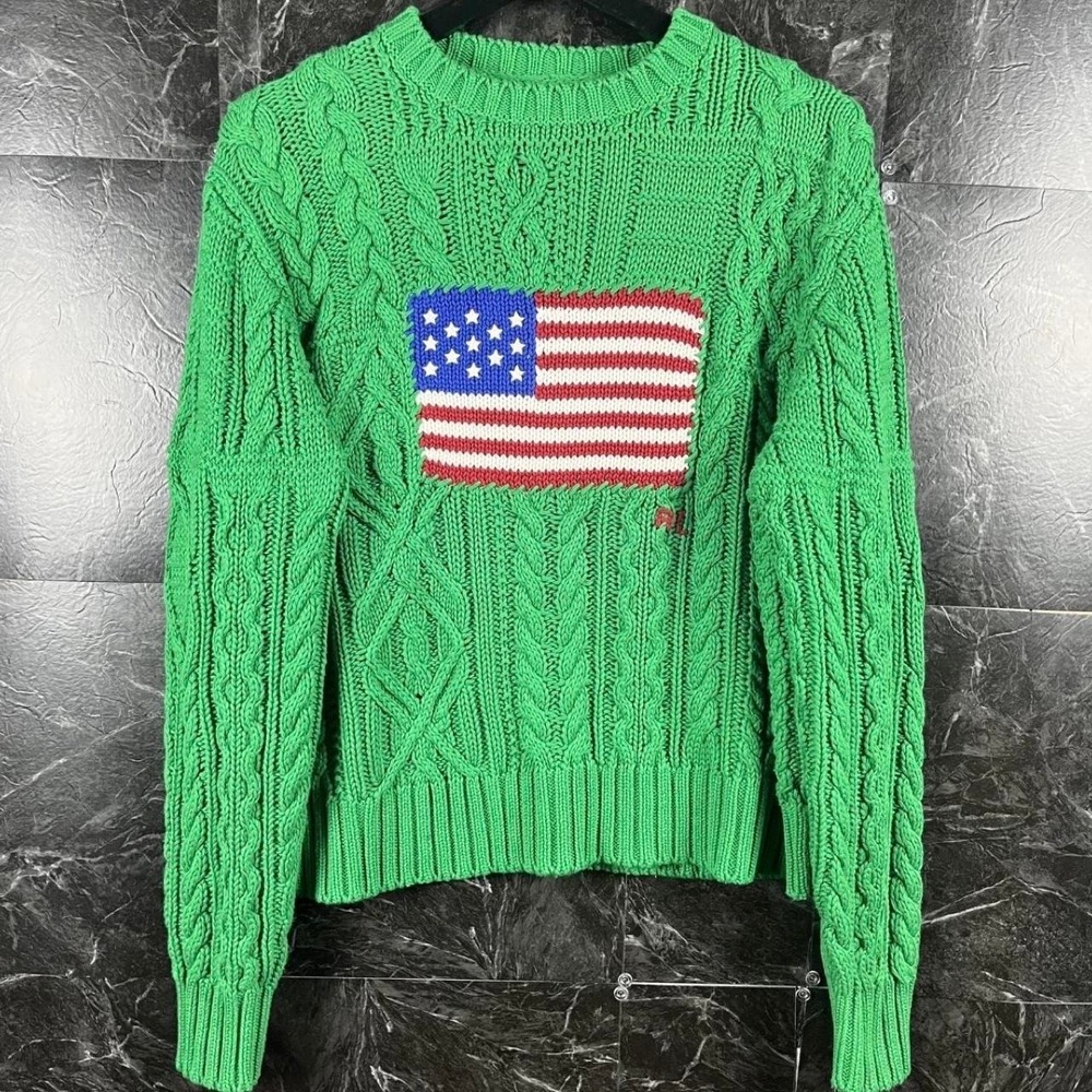Polo Ralph Lauren Women's Green USA Flag Cable Knit Sweater Medium